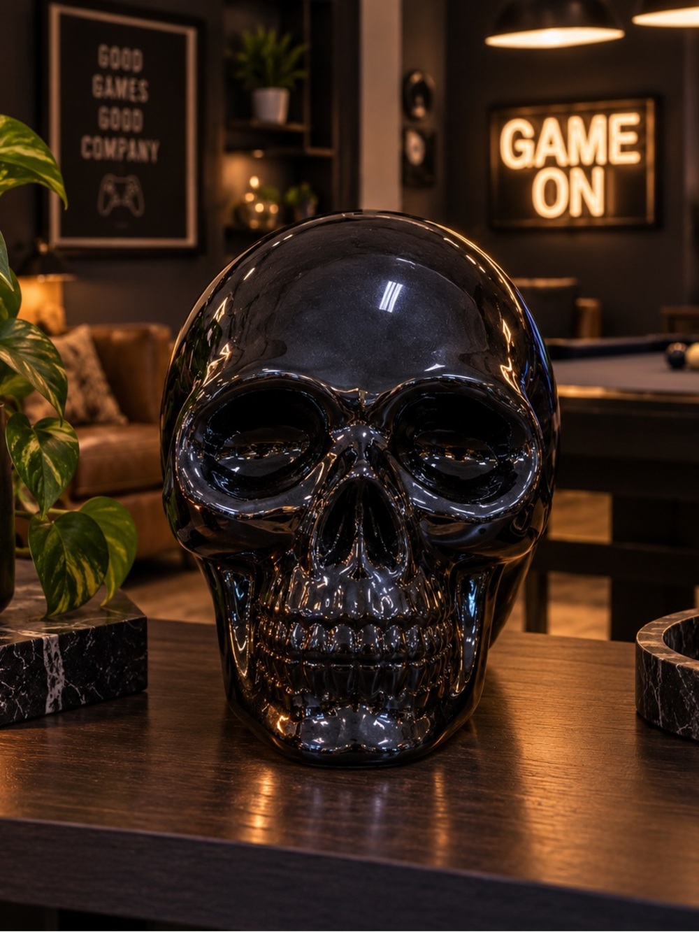 Glossy Black Decorative Skull Accent Piece